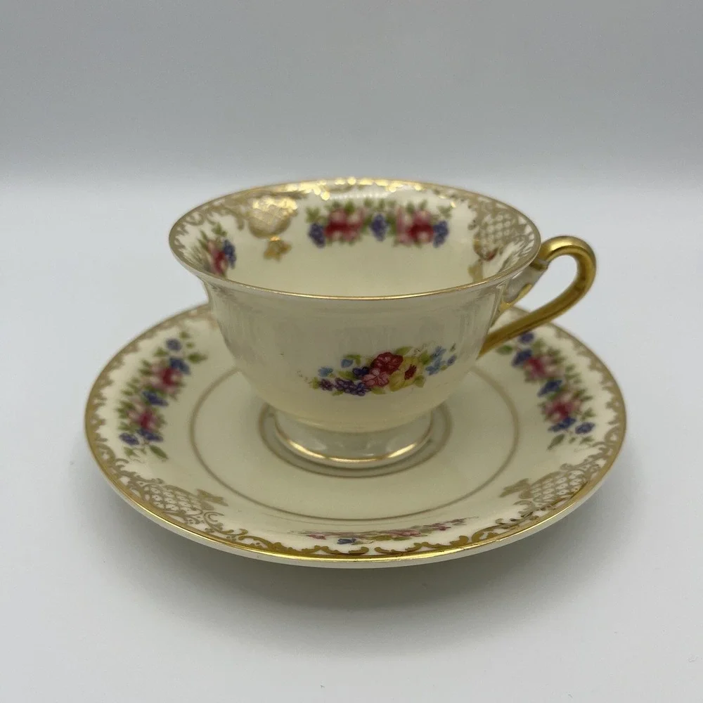 Vintage‎ Rosenthal Ivory Footed Demitasse Cup and Saucer Fruit Floral Gold Trim